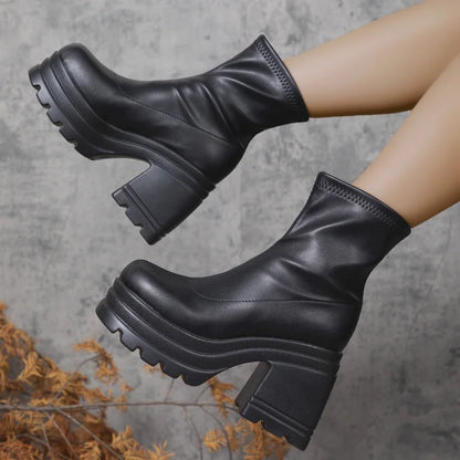 Short Boots Women Leather Boot Square toe casual Zipper high heels Casual thick soled