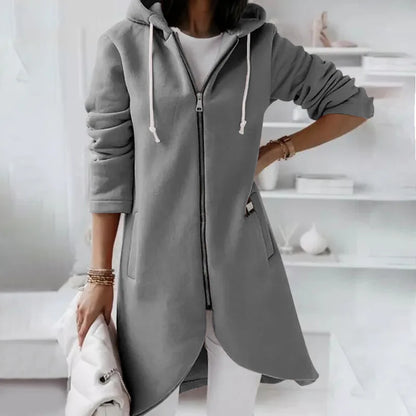 Autumn Women Long Hoodies Coat Zip Up Solid Hooded Casual Pockets Long Jackets