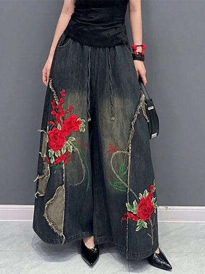 Women's Straight Jeans High-waist Ethnic Style Embroidered Drawstring Oversized Denim Wide-leg Pants