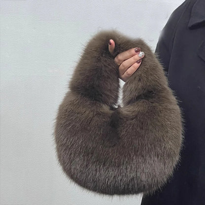 Soft Plush Half Moon Bags for Women Designer Fluffy Faux Fur Lady Handbags Luxury Small Tote