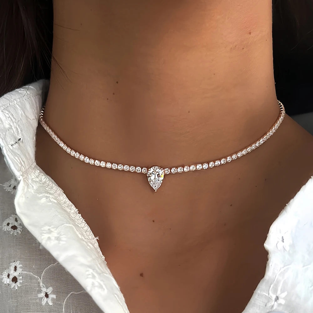 All Moissanite Tennis Necklace with Solitaire Waterdrop Diamond Riviera Necklace for Women 925 Sterling Silver Adjustable Choker