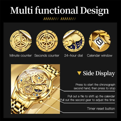 Top Brand Luxury Original Waterproof Quartz Watch for Man Gold Skeleton Style 24 Hour Day Night New