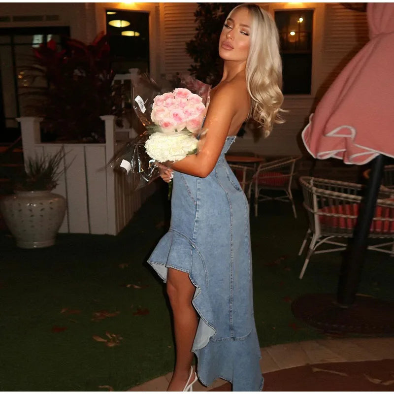 Strap Denim Women's Dress Vintage Asymmetric Hem Cinching irregular Dress Female Summer New  Lady High Street Outwear Distressed