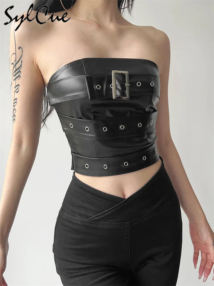 Retro Matte Black Mysterious All-Match Personality Fashionable Belt Chest Wrap Vest