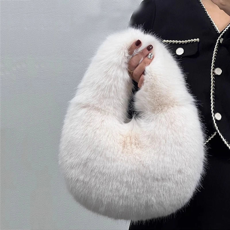 Soft Plush Half Moon Bags for Women Designer Fluffy Faux Fur Lady Handbags Luxury Small Tote