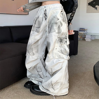 Women's White Cargo Jeans Baggy Vintage High Waist Cowboy Pants Harajuku Aesthetic Tie-Dyed Denim Trousers 90s Y2k Clothes 2024