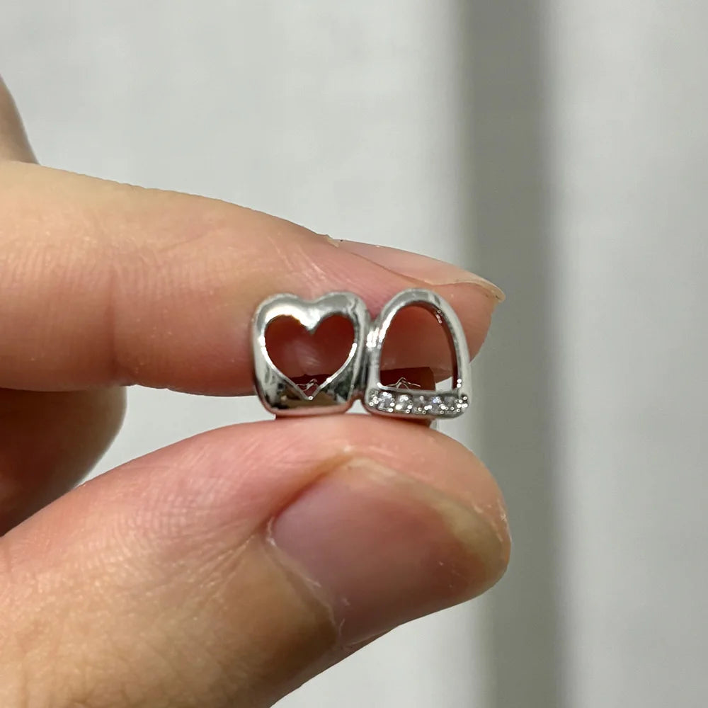 CZ Stone Double Hollow Heart Teeth Grillz Braces Vintage Punk Zircon Tooth Caps