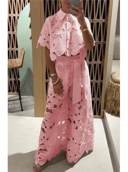 Lapel Single-breasted Shirt Top + Wide-leg Pants 2-piece Set Women Casual Hollow Suit