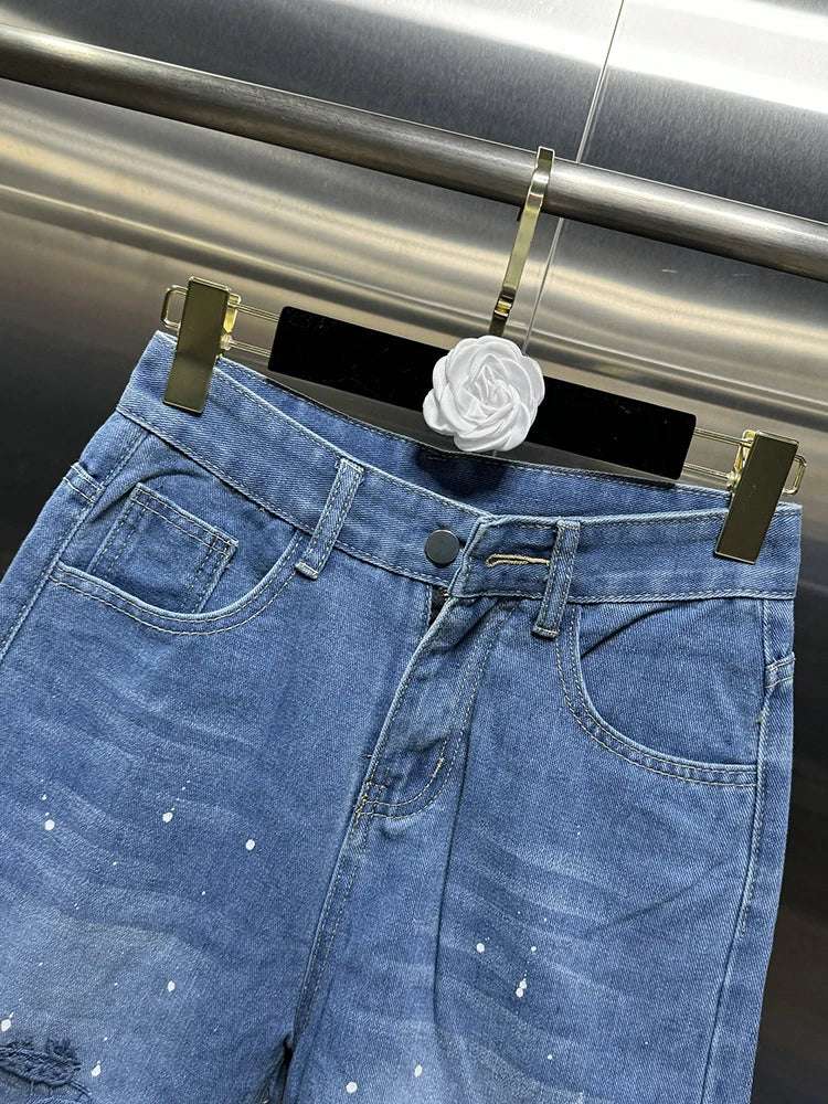 VGH Casual Hollow Out Spliced Lace Solid Jeans For Women High Waist Patchwork Pockets Minimalist Loose Wide Leg Pants Female New blue / XXXL blue / XXL blue / XL blue / XXXL-blue / XXL-blue / XL-blue / L-blue / M-blue / S-