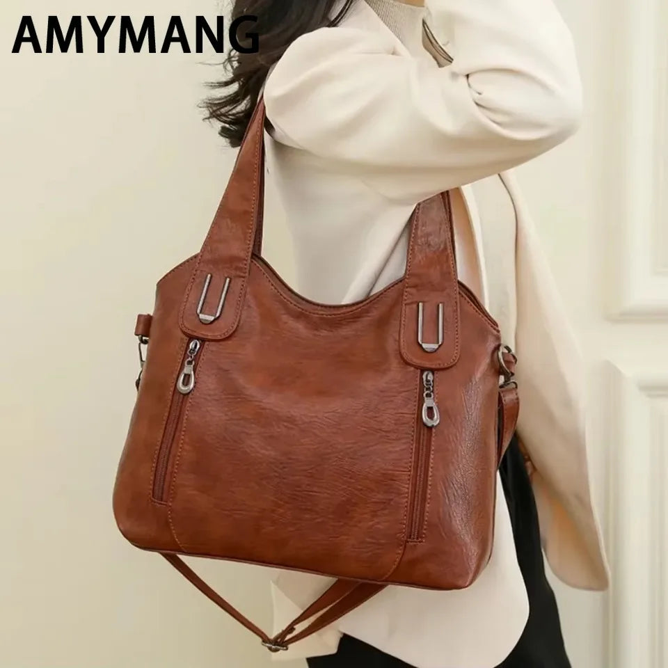 Solid Color Handbag Soft Leather Tote Bag Casual Big Shoulder Messenger Bags