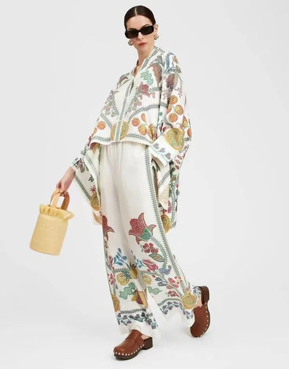 Vintage Print Pants Sets Women Irregular Loose Long Sleeve Shirt Wide Leg Trousers Two Piece Set Female Fashion Trend Streetwear