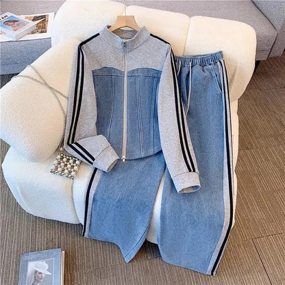 Women Preppy Style Patchwork Contrast Denim Sets Stand Collar Elastic Jeans 2 Piece Suit Streetwear Comfort