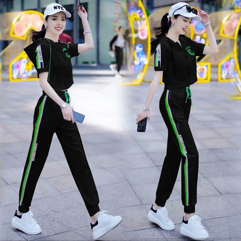 Women's Fashion Tracksuit Casual Suit Short Sleeve Hooded Top Pants Two Piece Set For Women