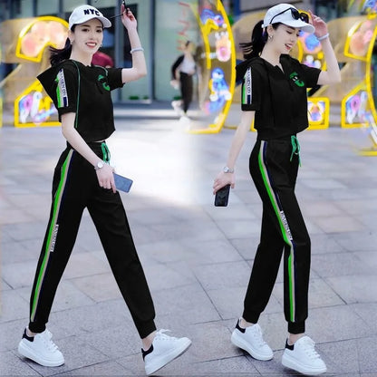 Women's Fashion Tracksuit Casual Suit Short Sleeve Hooded Top Pants Two Piece Set For Women