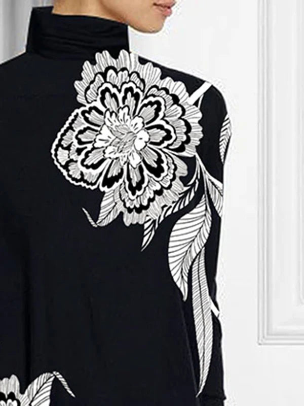 Asymmetric Floral Printed High Neck T-Shirt Long Batwing Sleeve Loose Casual