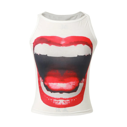 Casual Sleeveless Vest Slim Fit Big Mouth Print Personality T Shirt