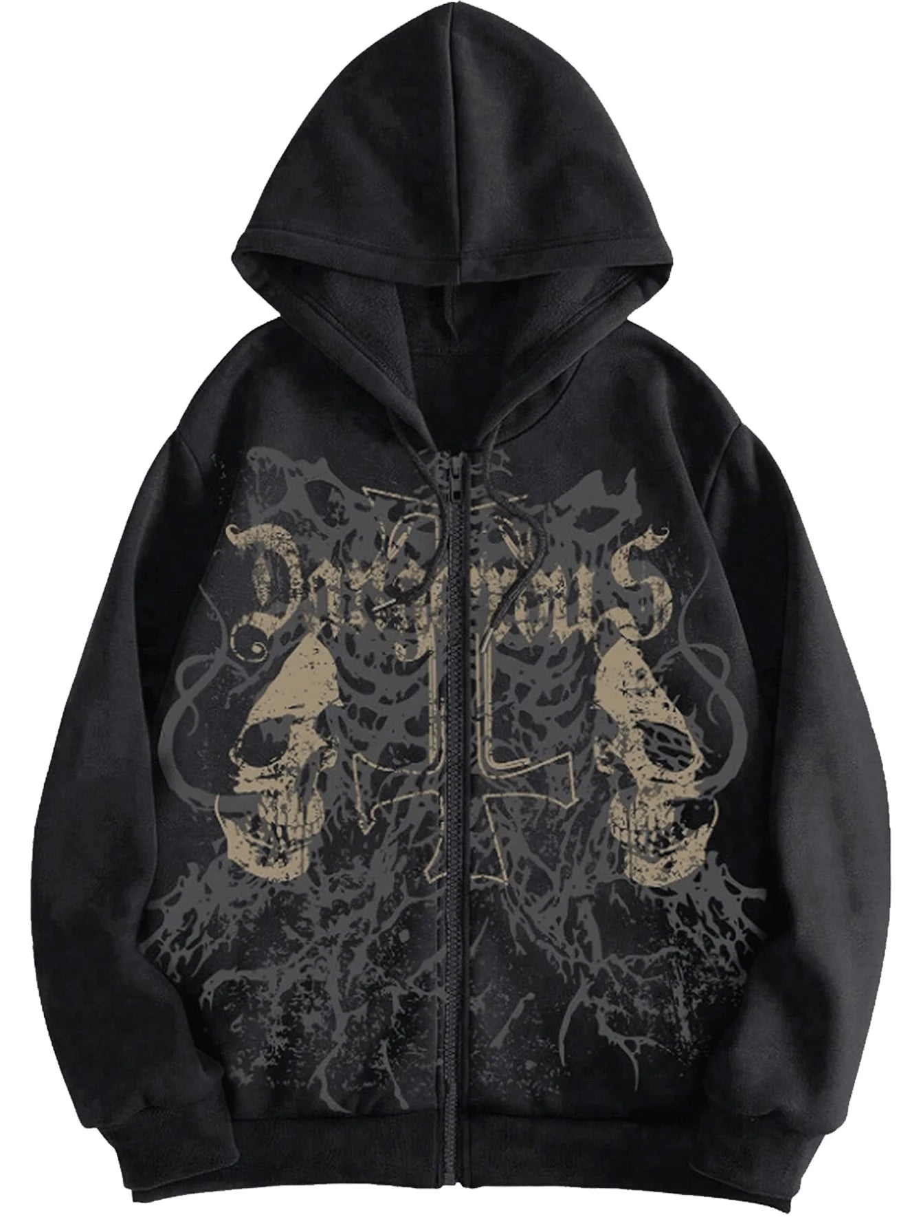 Men's Y2K Goth Skull Letter Graphic Drawstring Hoodie Long Sleeve Zip Up Sweatshirt