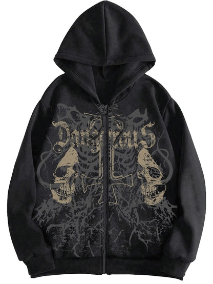 Men's Y2K Goth Skull Letter Graphic Drawstring Hoodie Long Sleeve Zip Up Sweatshirt