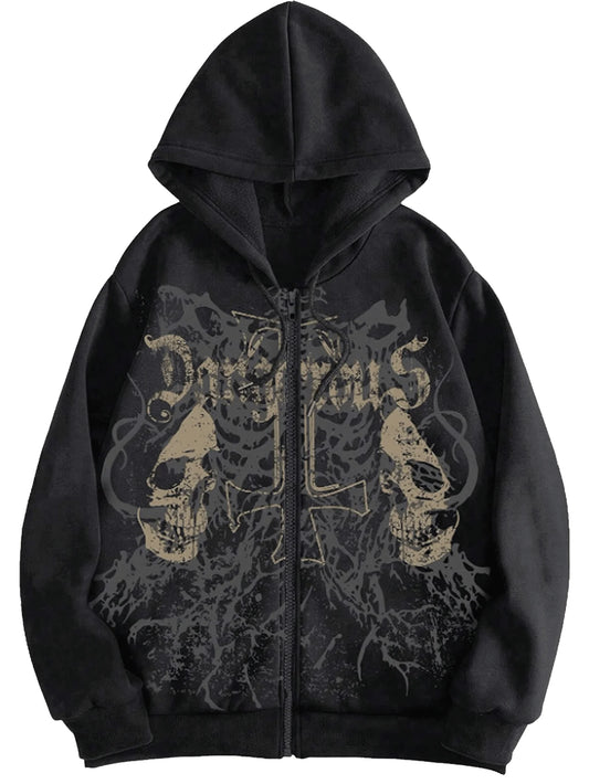 Men's Y2K Goth Skull Letter Graphic Drawstring Hoodie Long Sleeve Zip Up Sweatshirt