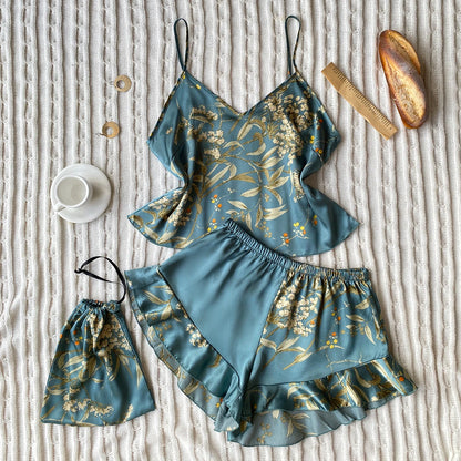 Elegant Floral Print Cami Tops   Ruffle Hem Shorts Pajama Set  Women's Sleepwear