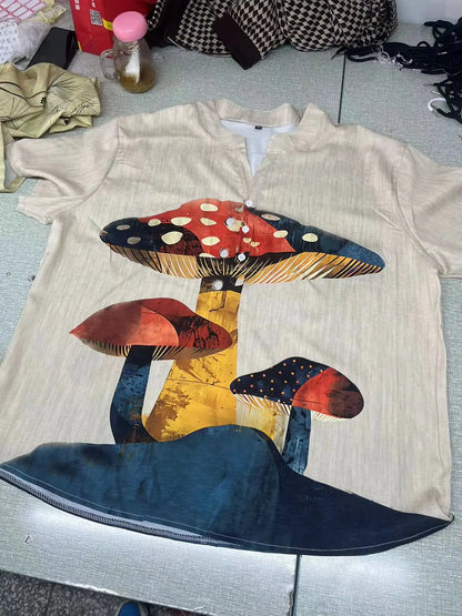 3D digital heat transfer animal landscape 3-button large size stand-up collar short-sleeved shirt