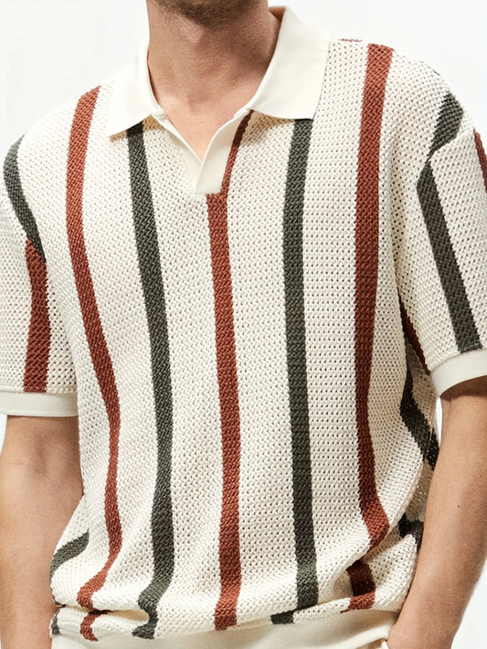 Chunky Knit Short-Sleeve Polo Shirt With Stripes And Contrast Colors, Casual Wear