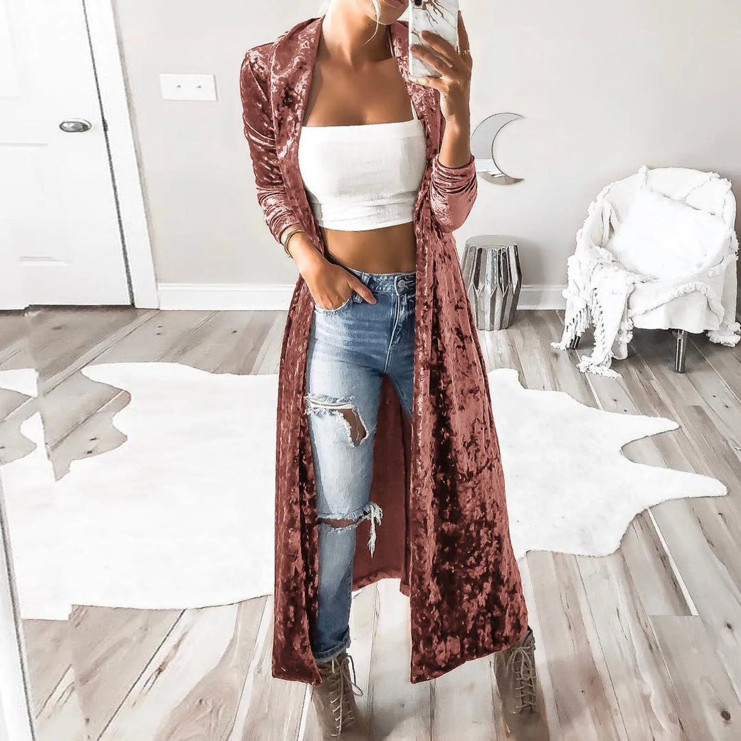 Women's Lightweight Overcoat Velvet Retro Open Front Cardigan Ladies Windbreaker