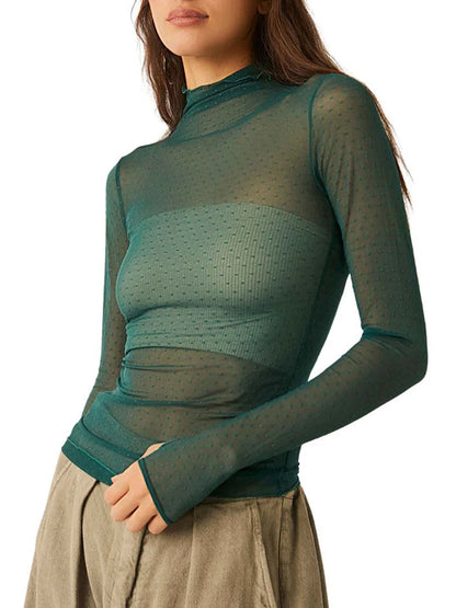 Women Sheer Mesh T-Shirt Mock Neck Long Sleeve Crop Tops Retro See Through Shirt