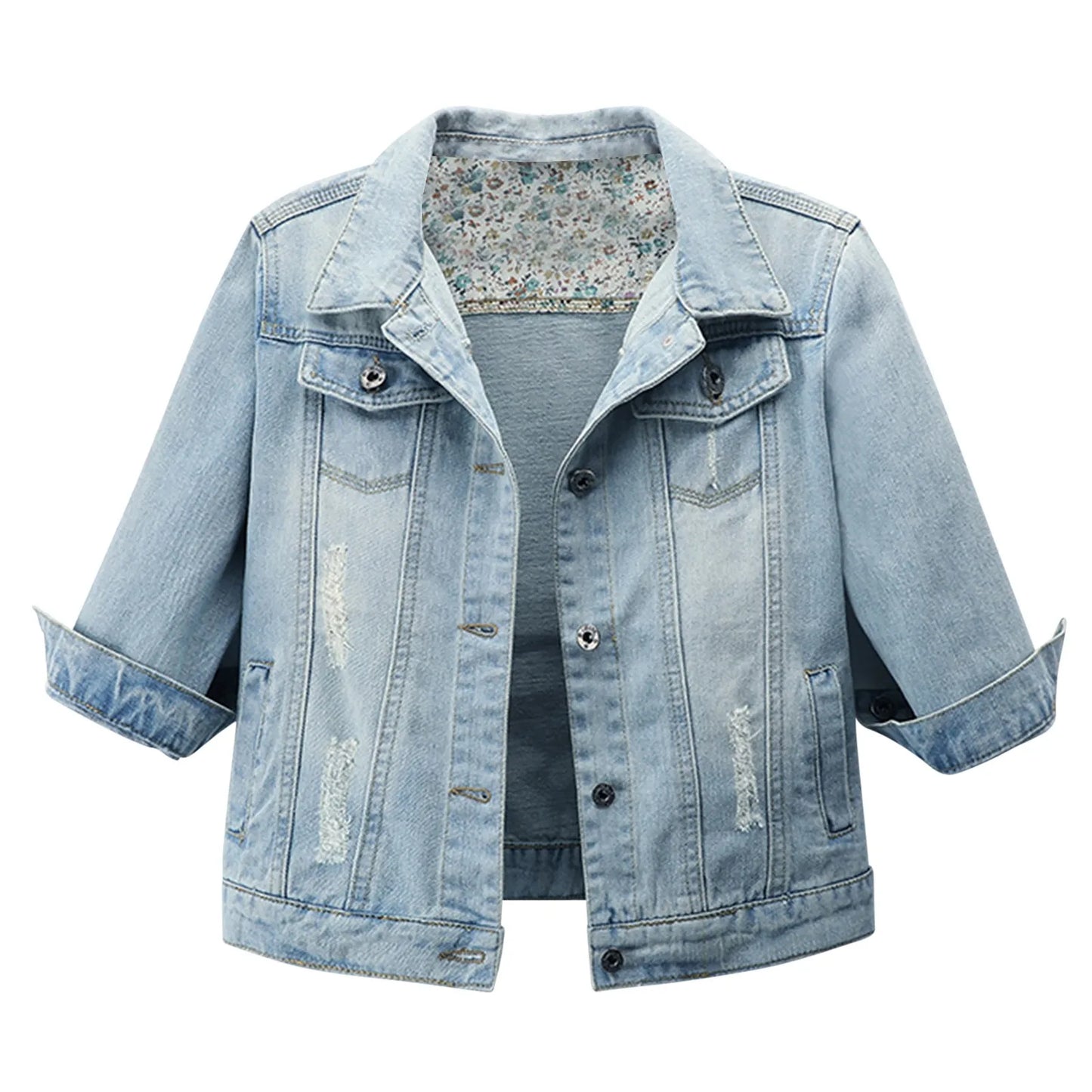 Women Cropped Coats 3/4 Sleeve Retro Short Denim Jackets Light Blue Jeans Coat