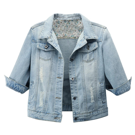 Women Cropped Coats 3/4 Sleeve Retro Short Denim Jackets Light Blue Jeans Coat