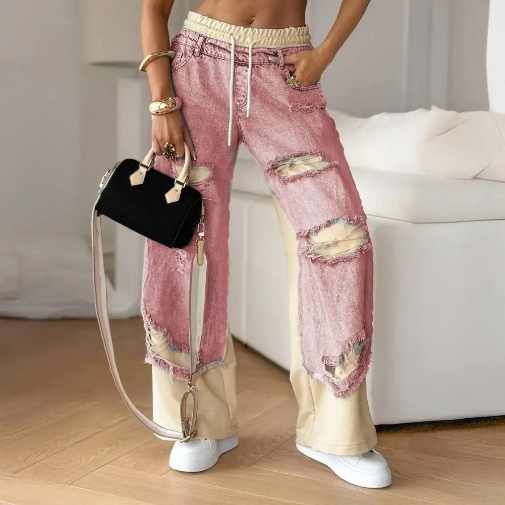 Women's Large Hole Patchwork Jeans High Waist Wide Legs Casual Bottoms Denim