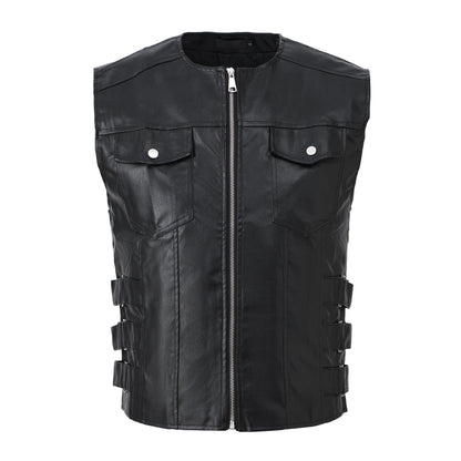 Men's Motorcycle Faux Leather Vest Sleeveless Collarless Waistcoat