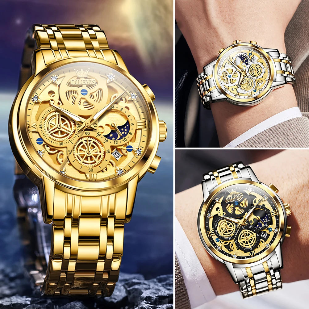 Top Brand Luxury Original Waterproof Quartz Watch for Man Gold Skeleton Style 24 Hour Day Night New