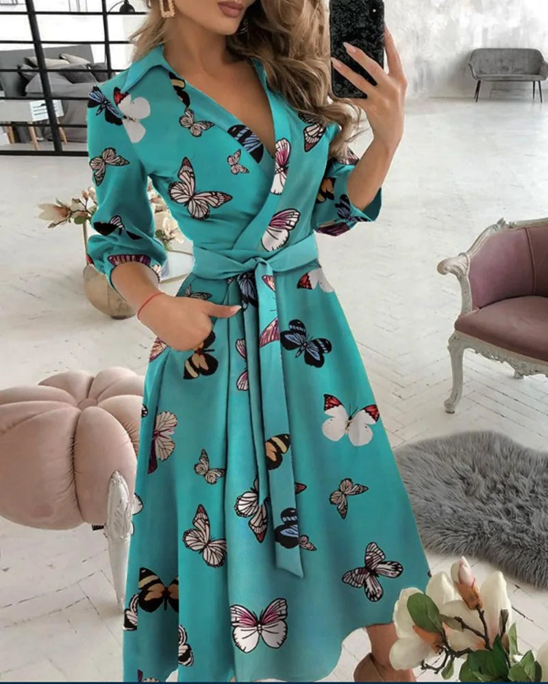 A-Line Wrap Summer Dress Long Sleeve V-Neck Dress Pocket Elegant Midi Party Dress