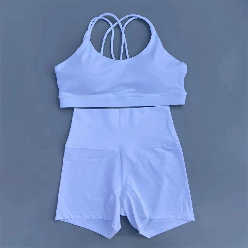 Solid Color Gym Bike Yoga Set Short Legging +Cross Sport Bra Tracksuit Athletic Women Gym Suit Comprehensive Training Jogging
