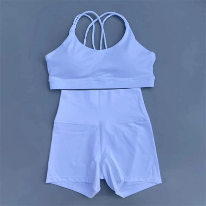 Solid Color Gym Bike Yoga Set Short Legging +Cross Sport Bra Tracksuit Athletic Women Gym Suit Comprehensive Training Jogging
