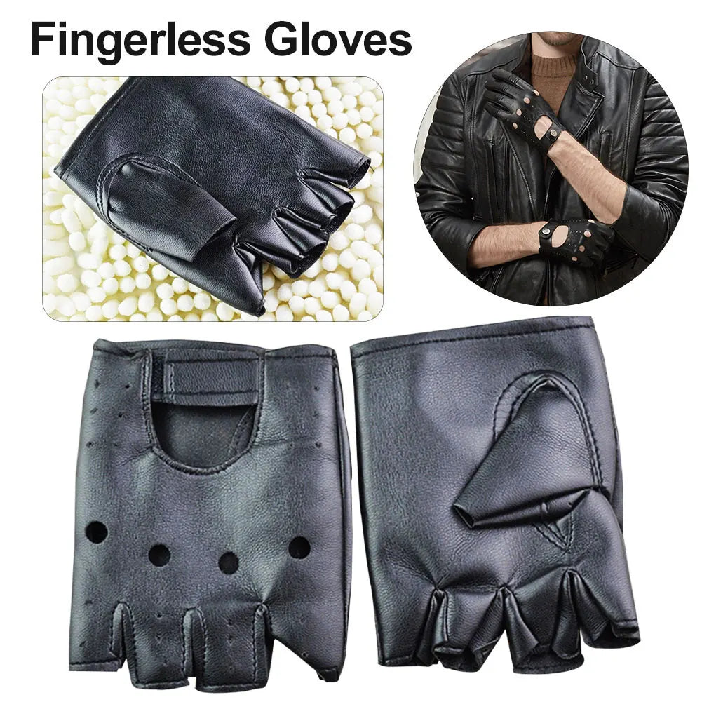 Unisex Black Leather Fingerless Gloves Solid Half Finger Driving Men  Punk Gloves