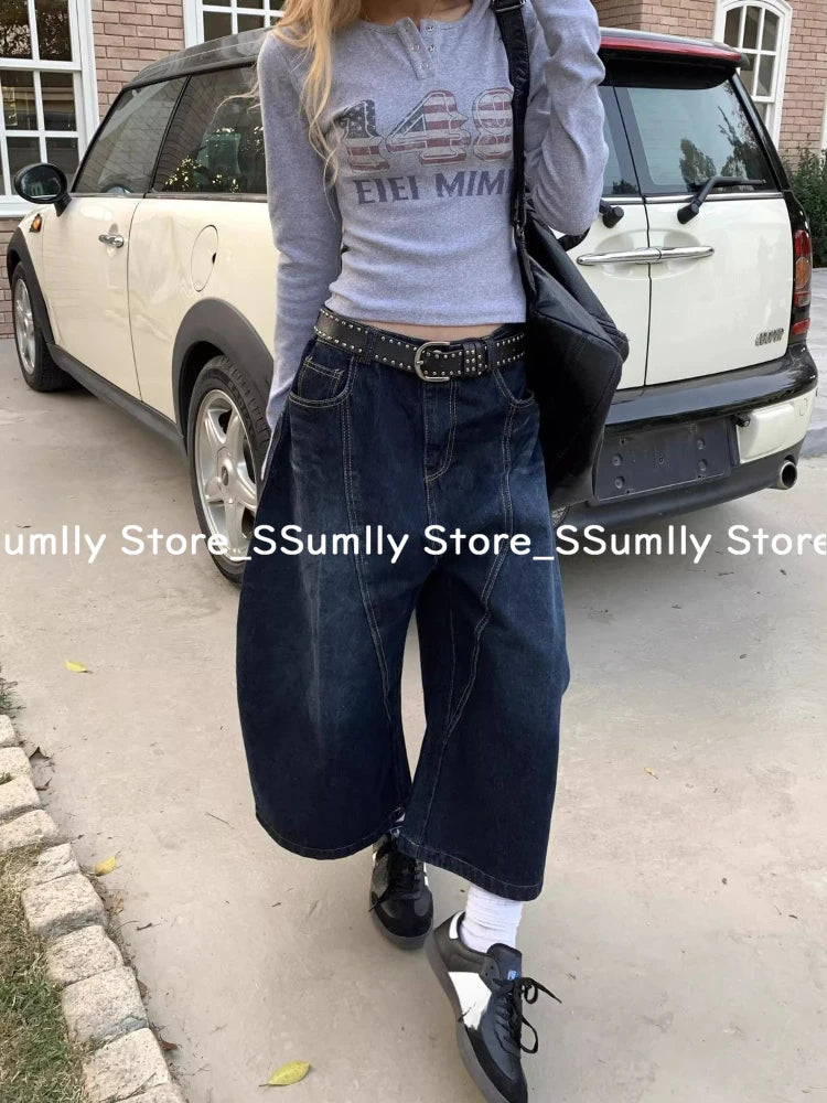 Embroidery Stitched Jeans Women Summer Loose Retro High Waisted Pants Y2k Design Wide Leg Cropped Shorts