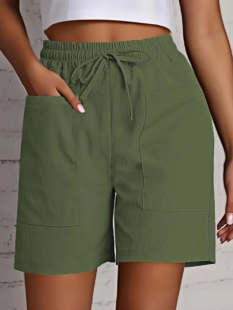 Summer New Women's Solid Color Pocket Loose High Waist Casual Fashion Quarter Shorts