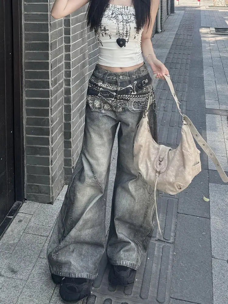 Women's Cargo Baggy Casual Jeans Y2K American High Street Harajuku 2000S Streetwear Aesthetics Vintage Jeans Pants Clothing 2025