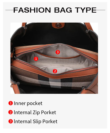 checkered women's handbag, large capacity luxury bag, canvas genuine leather bag