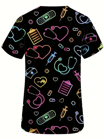 Surgical Uniforms Heart Printed V-Neck Nurses Tops Short Sleeve Patch Pocket Medical Surgical Uniforms Nursing