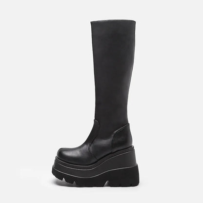 Wedge-heeled Mid-tube Boots Ladies Gothic Style Thick-soled Motorcycle Boots
