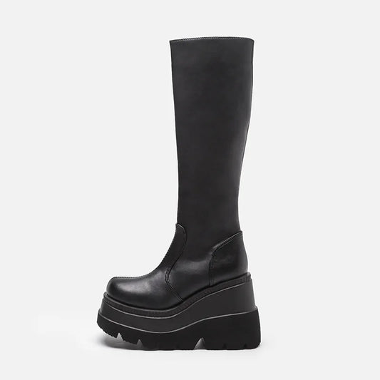Wedge-heeled Mid-tube Boots Ladies Gothic Style Thick-soled Motorcycle Boots