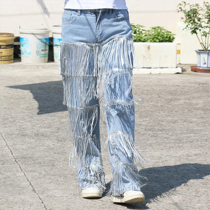Sparkling Fringes Embellished Wide Leg Jeans Women Trendy Silver Tassel Denim Pants