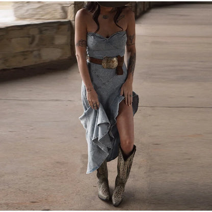 Strap Denim Women's Dress Vintage Asymmetric Hem Cinching irregular Dress Female Summer New  Lady High Street Outwear Distressed