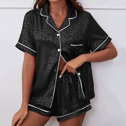 Womens Satin Printed Pajamas Sets Short Sleeved Lapel Silk