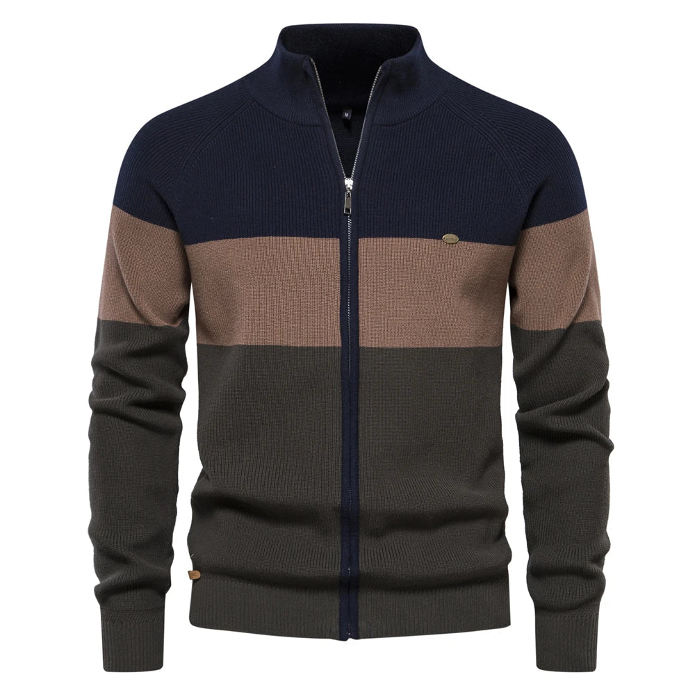 Patchwork Color Sweater for Men Zipper Cardigans High Quality Cotton Sweater
