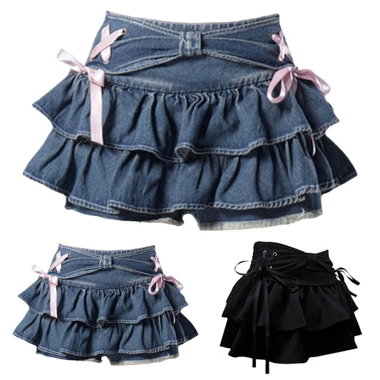Y2k Denim Mini Skirt Sweet Ruffle Kawaii Bow Coquette Skirt A-Line Jean Short