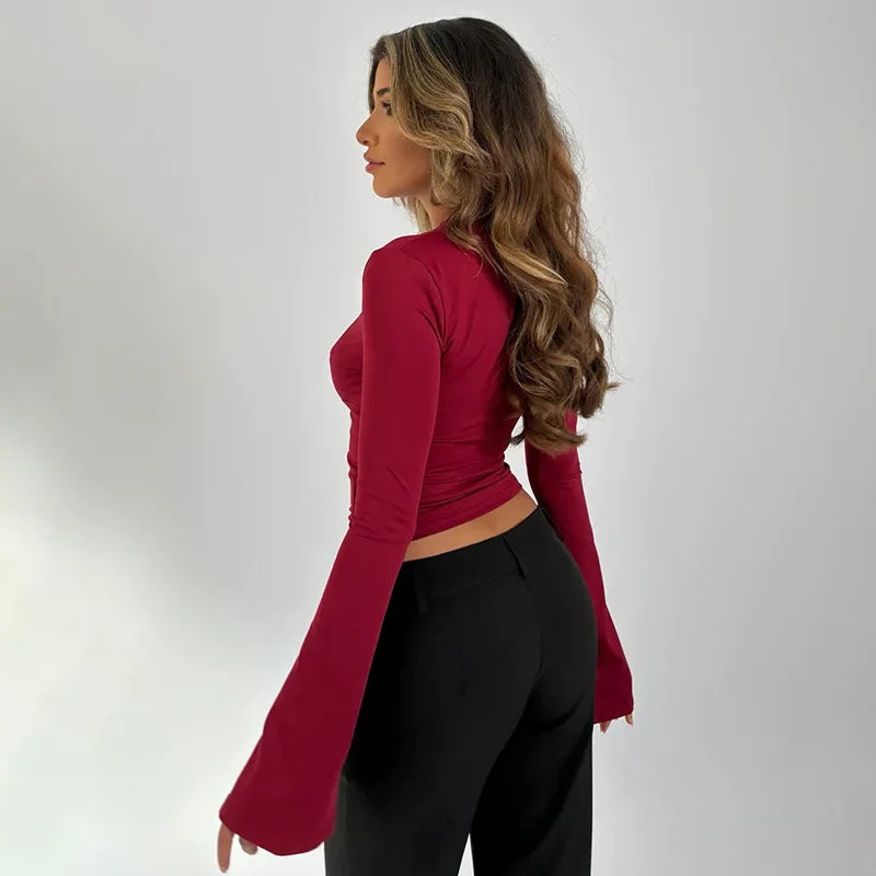 Lace Patchwork Tee Women Flare Sleeve Slim V-neck Tank Top Lady Streetwear Crop Top Shirt